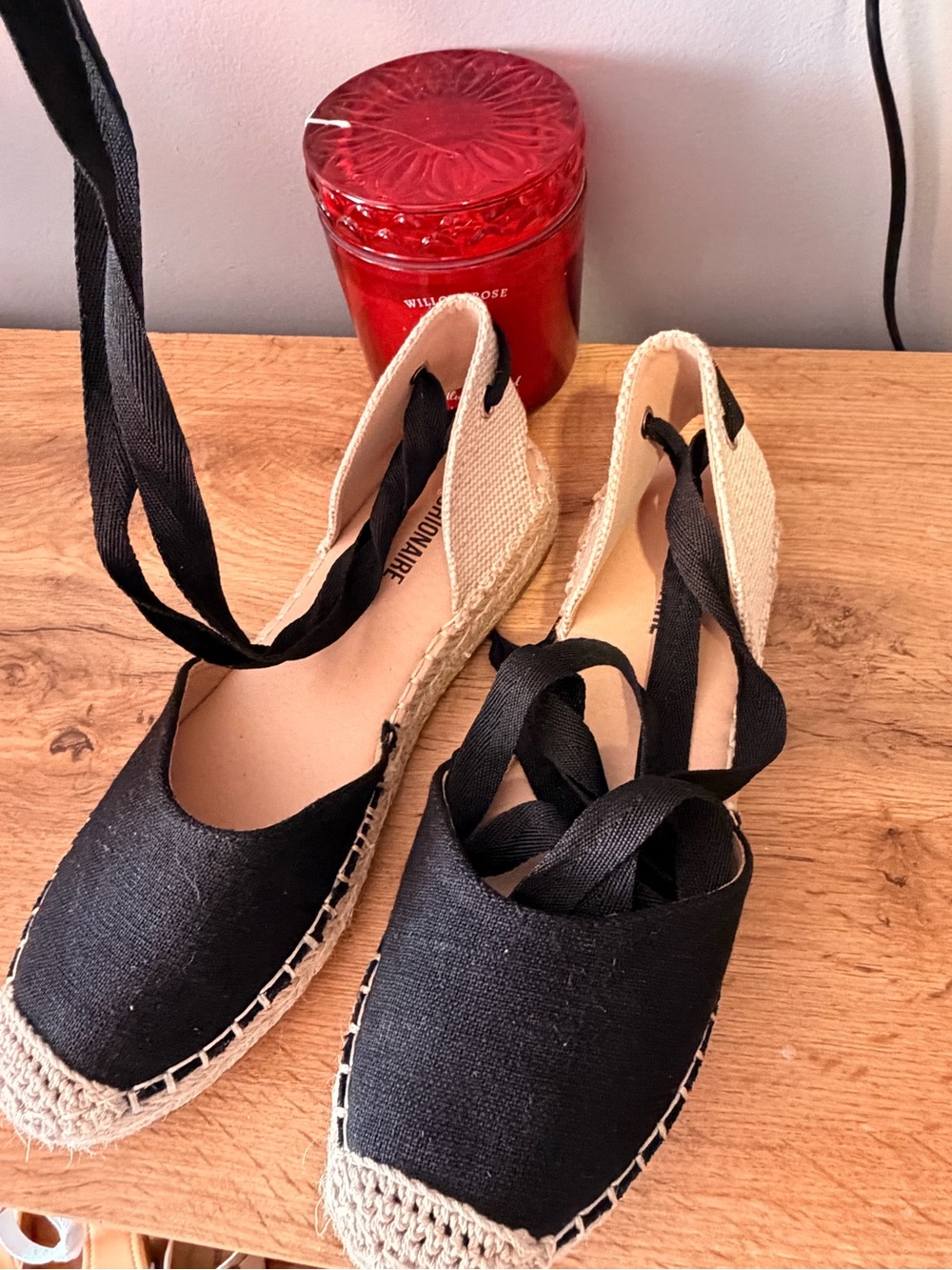 Black Canvas Espadrille Tie-Ankle Flats for Women